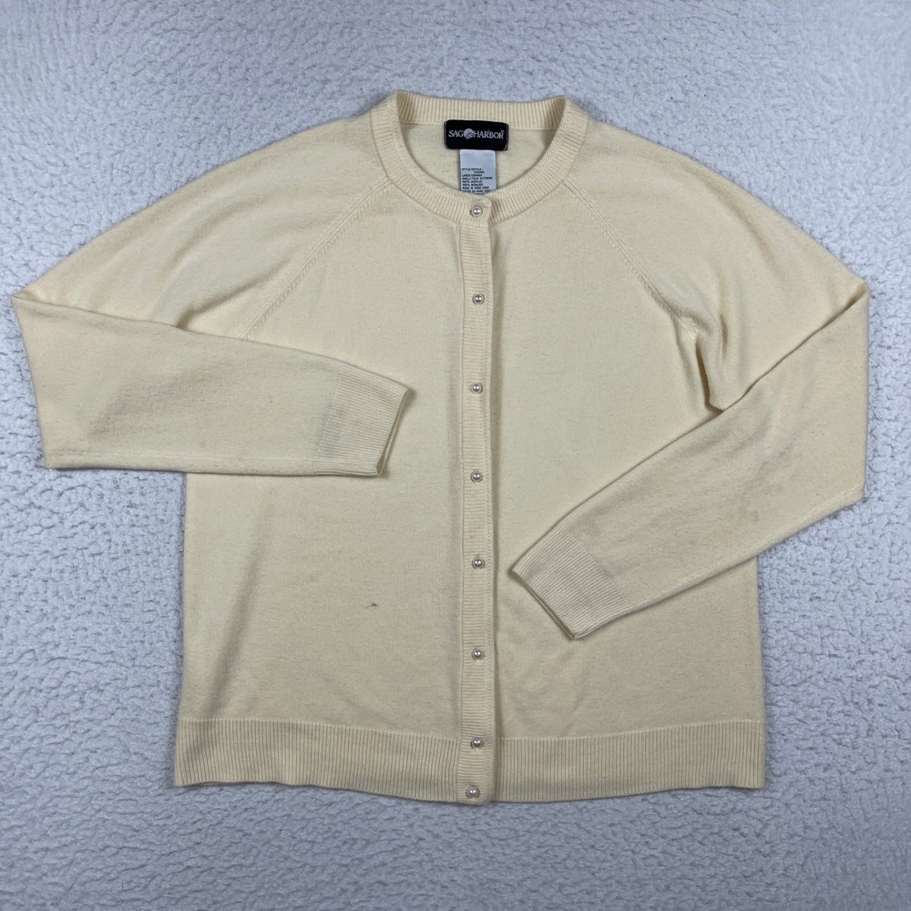 Sag Harbor Cardigan Sweater Womens Large Cream Pearl Button Raglan Vintage‎